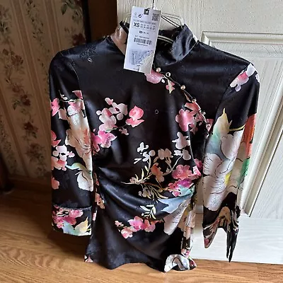 ZARA XS Kimono Satin Long Sleeve Floral Mini Dress With Rhinestones NWT • $30