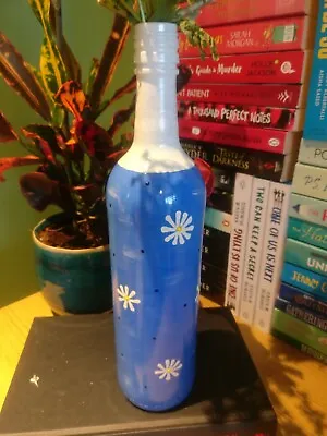 Hand Painted Tall Glass Bottle Home Table Centerpiece Flower Vase Blue/White • £6.10