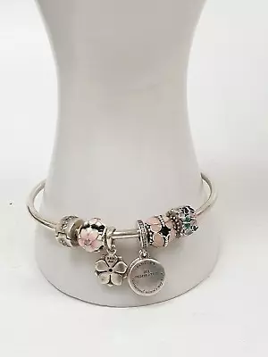 Pandora 925 Sterling Silver 20cm Bangle 4 Charms & 2 Retainer Clips S925 ALE • £31