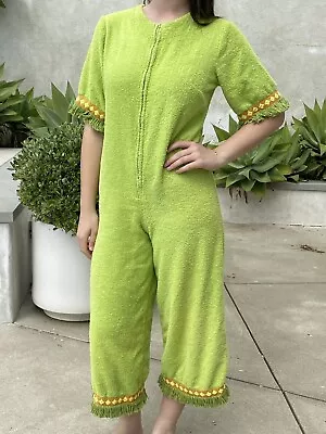 Vintage 70s Maggie Beth Terry Cloth Towel Jumpsuit Green W/ Fringe Rare • $74.85