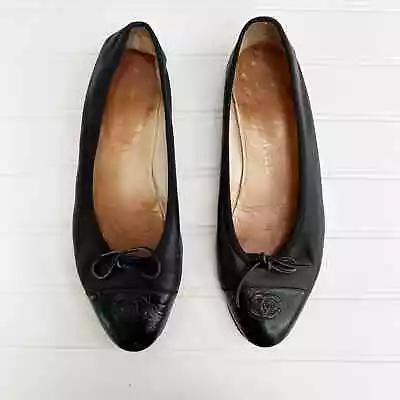 Chanel Ballet Flats Cap Toe CC Black Leather Ballerina Shoes Vintage • $395