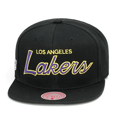 Mitchell & Ness Los Angeles Lakers Snapback Hat Cap Black/Vintage Script Logo • $32.90