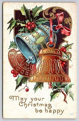 Holiday~Blue Red & Golden Bells Holly & Christmas Greeting~Vintage Postcard • $3.70