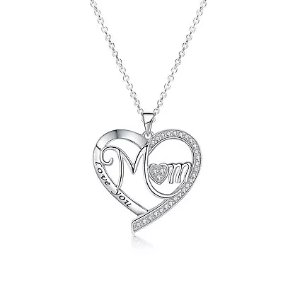 Mom I Love You Heart Pendant 925 Sterling Silver CZ Necklace Mother's Day Gift • $19.99