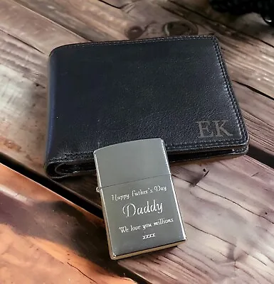 Personalised Soft Leather RFID Bi Fold Black Wallet & Zippo Lighter Gift Set • £49.99