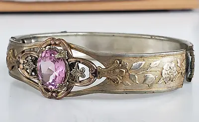 Antique Victorian Pink Glass Stone Floral Hinged Bangle Bracelet 7  NeedsTLCclsp • $60.24