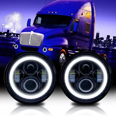 2x Black 7  Inch Round LED Headlight Hi/Lo Beam DRL Projector For Kenworth T2000 • $85.99