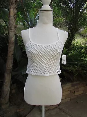 VTG LF Re-worked Off White Mesh Sheer Mesh Fishnet Net Crop Top Beach Cover Up S • $8.99