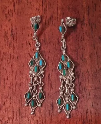 Vtg Zuni Native American Sterling Silver Green Turquosie Petit Point  Earrings  • $59.95