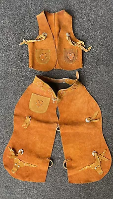 Vintage Western Costume Childs Brown/Orange Suede/Leather Cowboy Chaps&Vest Sz S • $129.99