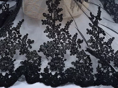 Black Floral Lace Fabric Corded Embroidery Lace Tulle For Craft Projects • £3.99