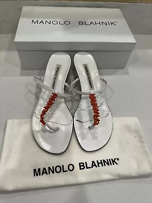 Iconic Manolo Blahnik White With Coral Beading Kitten Heel Thong Sandals Sz. 36 • $64.99