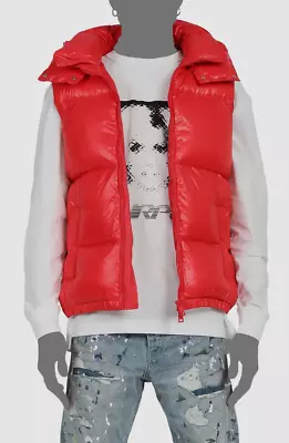 $598 Purple Brand Men's Red Logo Lined Hooded Down Puffer Jacket Vest Size L • $221.98