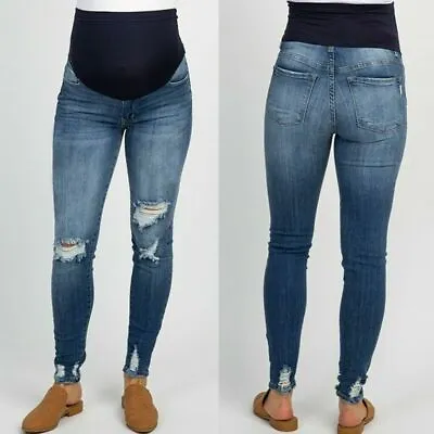 Women Pregnant Jeans Maternity Pants Denim Trousers Prop Belly Leggings Clothes • £21.59