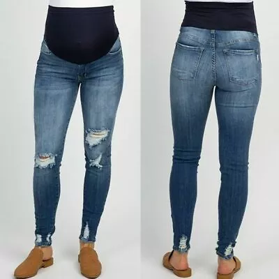 Women's Pregnant Jeans Maternity Pants Denim Trousers Ripped Fashion Leggings • £28.79