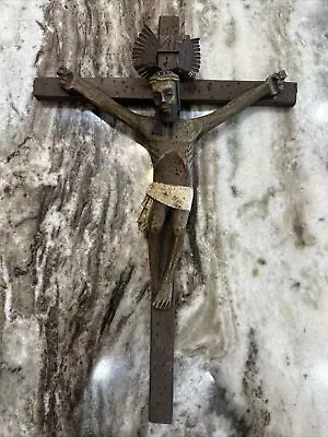 Handcrafted Wooden Crucifix  W/ Angel Wings Jesus 16.25”x10.75” PO-Vintage A+ • $110