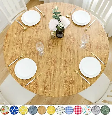 Vinyl Tablecloth Round Fitted Elastic Flannel Backing Cedar Wood Grain Pattern • $15.97