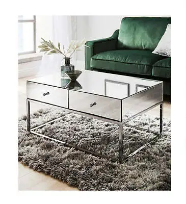 Mirrored Glass Coffee Table Chrome Frame 2 Drawer Living Room Decor • £199.99