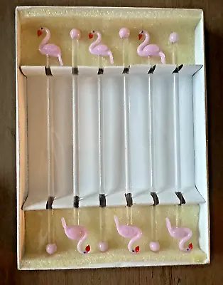 Pink Flamingo Art Glass Swizzle Sticks - Blown Glass  Set Of 6 • $19.95