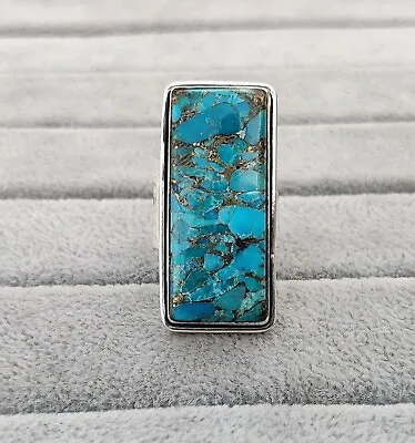Blue Copper Turquoise Gemstone 925 Sterling Silver Handmade Ring Size 7.5 PG00 • $11.19