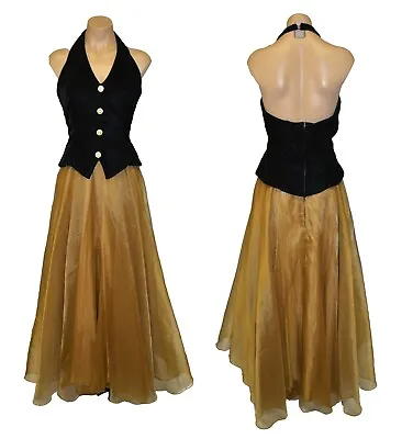 Dave & Johnny Vintage 80s 90s Black & Gold Halter Prom Party Formal Dress 9/10 • $37.49