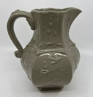 Antique Masons Relief Gray/Beige Pitcher Jug Birds With Serpent Handle  • $82