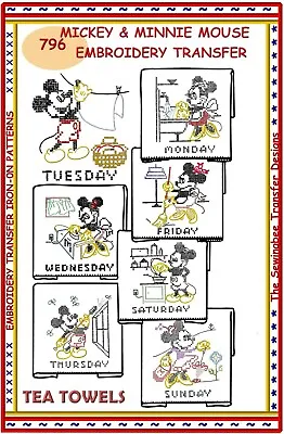 Mickey & Minnie Mouse Tea Towels Embroidery Transfer Pattern DOW # 796 IRON-ON • $9.99