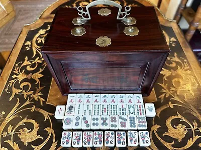 Superb Small Mahjong Set With Cattle Bone/Bamboo Tiles In A Polished Wood Case • $399