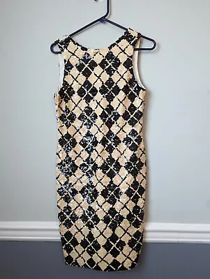 Vintage Sequin Mini Dress Argyle Cream Black Evening Cocktail Small Retro FLAW • $39.95