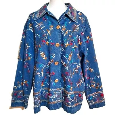 Units 90's Vintage 100% Cotton Floral Embroidered Boho Western Jean Jacket. L • $14