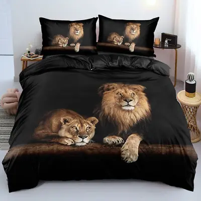 3D Lion Quilt Cover Sets Black Linens Bed Pillow Sham King Queen Super King • $77