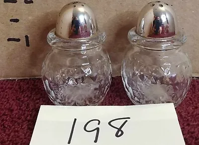 Vintage 50s Diamond Cut Clear Glass Silver Tone  Caps Salt & Pepper Shakers • $2