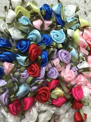 Small Mini Satin Ribbon Rose Buds Flowers Applique Craft • £1.99