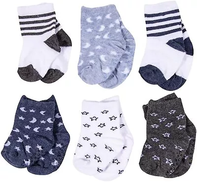 Aden + Anais Infant Boys 6 Pairs Combed Cotton Socks Gripper Luna Stars 6-12 Mth • $16.95