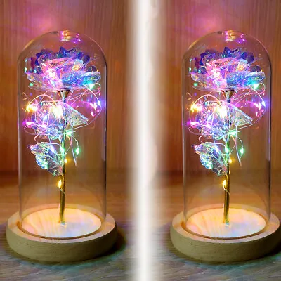 $15.99 • Buy Crystal Galaxy Rose In The Glass Dome 20 Led Lights Gift For Girlfriend Mom Wife