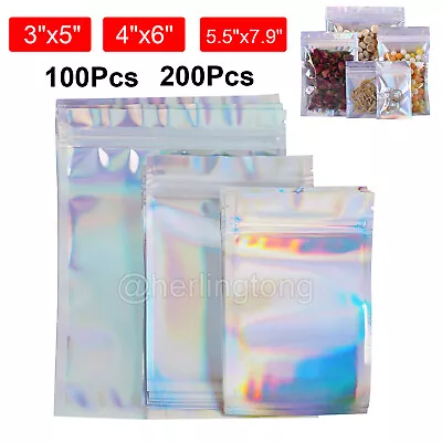 200PCS Holographic Mylar Foil Bag Resealable Ziplock Pouch Packaging Clear Front • $15.89