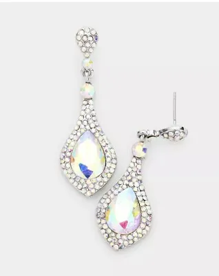 1.8” Long Silver Clear Aurora Borealis AB Austrian Crystal Pageant Earrings Drop • $13