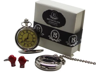 MUHAMMAD ALI Signed Silver Pocket Watch And Boxing Glove Cufflinks Gift Set Box • $42.26