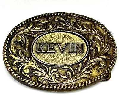 Vintage WESTERN 1977 KEVIN Western Style Oval Brass Belt Buckle The Kinney Co • $24.99