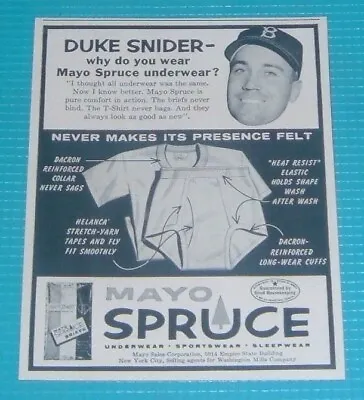 1955 PRINT AD ~ DUKE SNIDER BROOKLYN DODGERS BASEBALL Mayo Spruce Underwear • $12
