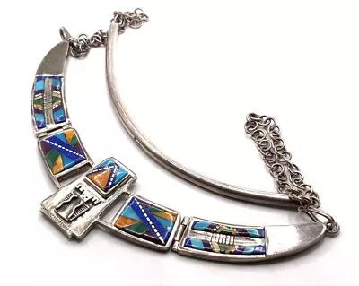 Zuni Native Vintage Sterling Silver Mosaic Multi Stone Inlay Hinged 21” Necklace • $148.99