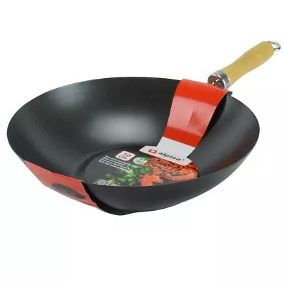 30cm Carbon Steel Non-Stick Frying Wok Pan Wooden Handle • £11.99