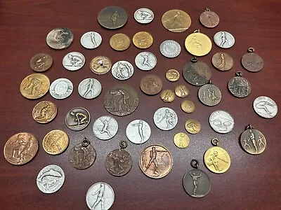 47 Early Vintage Sports Memorabilia Medals Tokens Coins Awards Mixed Lot • $350