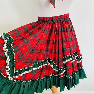 Vintage Red Green Holiday Plaid Square Dance Circle Skirt Rockabilly Size S/M • $42