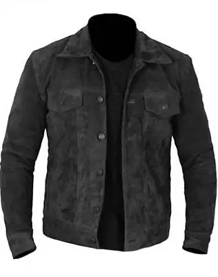 Men's Real Suede Leather Black Trucker Jacket Fashion Moto Biker Buttoned Shirt • $135.99