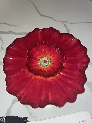 Red Poppy 14” Plate With Attached Poppy Bowl By Maxcera Rare Find! • $45