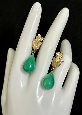 Vintage Gorgeous Jade Glass Drop Jomaz Flower Earrings • $26