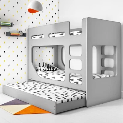 £399.92 • Buy Single Wooden Bunk Bed Grey Kids With Trundle Bed And Two Ladders Modern
