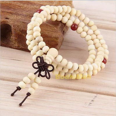 Buddhist Buddha Meditation Wood Prayer 6mm 108 Beads Mala Bracelet - White • $6.98