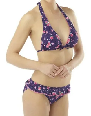 Ladies Rose Print HOT HONI Halterneck Skirted Bikini - Floral Frill Padded New • £12.95